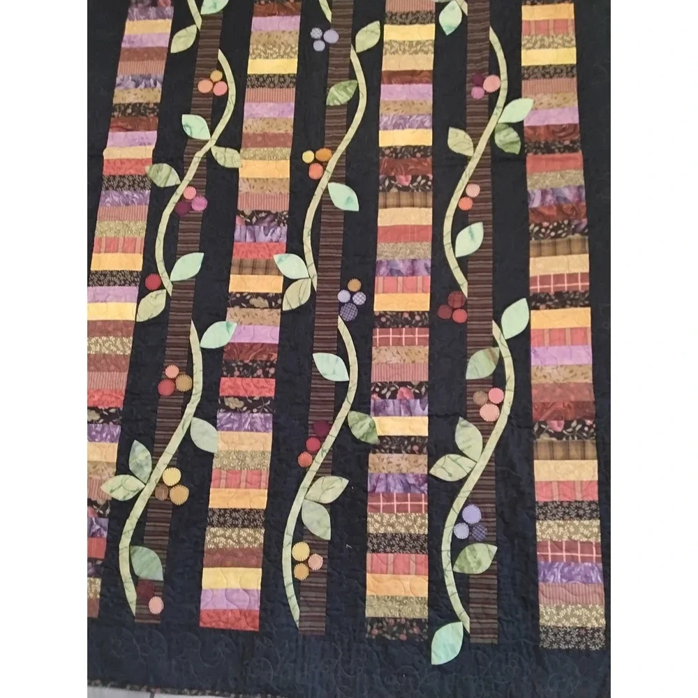Handmade Artisan Floral‎ Vine Quilt Black Multi Color Applique 82x48 2017 Signed
